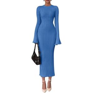 imagePRETTYGARDEN Sweater Dresses for Women 2025 Fall Bell Long Sleeve Crew Neck Bodycon Maxi Dress Winter Ribbed Knit OutfitsSky Blue