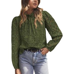 imagePRETTYGARDEN Tops for Women Trendy 2025 Fall Long Sleeve Blouses Dressy Casual Embroidered Eyelet Shirts Going Out OutfitsArmy Green