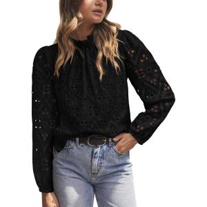 imagePRETTYGARDEN Tops for Women Trendy 2025 Fall Long Sleeve Blouses Dressy Casual Embroidered Eyelet Shirts Going Out OutfitsBlack