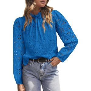 imagePRETTYGARDEN Tops for Women Trendy 2025 Fall Long Sleeve Blouses Dressy Casual Embroidered Eyelet Shirts Going Out OutfitsBrilliant Blue