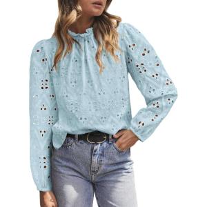 imagePRETTYGARDEN Tops for Women Trendy 2025 Fall Long Sleeve Blouses Dressy Casual Embroidered Eyelet Shirts Going Out OutfitsLight Blue