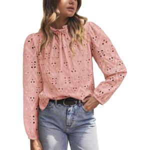 imagePRETTYGARDEN Tops for Women Trendy 2025 Fall Long Sleeve Blouses Dressy Casual Embroidered Eyelet Shirts Going Out OutfitsPink