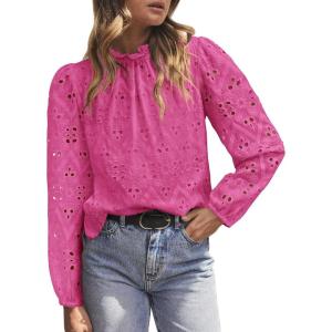 imagePRETTYGARDEN Tops for Women Trendy 2025 Fall Long Sleeve Blouses Dressy Casual Embroidered Eyelet Shirts Going Out OutfitsRose Red