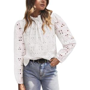 imagePRETTYGARDEN Tops for Women Trendy 2025 Fall Long Sleeve Blouses Dressy Casual Embroidered Eyelet Shirts Going Out OutfitsWhite