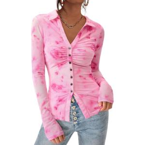 imagePRETTYGARDEN Women Button Down Floral Shirts 2025 Fall Trendy Long Sleeve V Neck Ruched Fitted Mesh Blouse Tops Date OutfitsPink