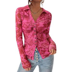 imagePRETTYGARDEN Women Button Down Floral Shirts 2025 Fall Trendy Long Sleeve V Neck Ruched Fitted Mesh Blouse Tops Date OutfitsPink Red Floral