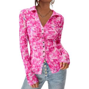 imagePRETTYGARDEN Women Button Down Floral Shirts 2025 Fall Trendy Long Sleeve V Neck Ruched Fitted Mesh Blouse Tops Date OutfitsRose Pink