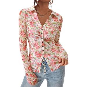 imagePRETTYGARDEN Women Button Down Floral Shirts 2025 Fall Trendy Long Sleeve V Neck Ruched Fitted Mesh Blouse Tops Date OutfitsWhite Pink Floral