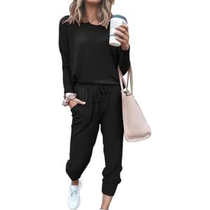 imagePRETTYGARDEN Women Fall 2 Piece Lounge Outfit Long Sleeve Tops High Waisted Jogger Pants Set Spring Travel Clothes TracksuitBlack