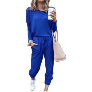 imagePRETTYGARDEN Women Fall 2 Piece Lounge Outfit Long Sleeve Tops High Waisted Jogger Pants Set Spring Travel Clothes TracksuitBlue