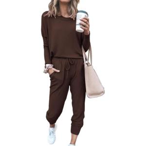 imagePRETTYGARDEN Women Fall 2 Piece Lounge Outfit Long Sleeve Tops High Waisted Jogger Pants Set Spring Travel Clothes TracksuitBrown
