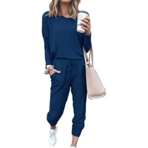 imagePRETTYGARDEN Women Fall 2 Piece Lounge Outfit Long Sleeve Tops High Waisted Jogger Pants Set Spring Travel Clothes TracksuitDark Blue