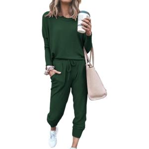 imagePRETTYGARDEN Women Fall 2 Piece Lounge Outfit Long Sleeve Tops High Waisted Jogger Pants Set Spring Travel Clothes TracksuitDark Green