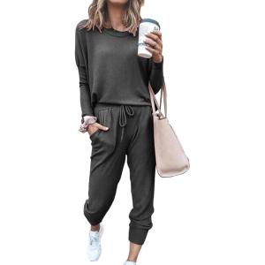 imagePRETTYGARDEN Women Fall 2 Piece Lounge Outfit Long Sleeve Tops High Waisted Jogger Pants Set Spring Travel Clothes TracksuitDark Grey