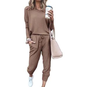 imagePRETTYGARDEN Women Fall 2 Piece Lounge Outfit Long Sleeve Tops High Waisted Jogger Pants Set Spring Travel Clothes TracksuitDark Khaki