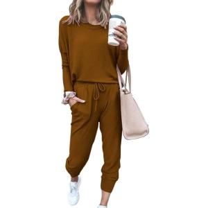 imagePRETTYGARDEN Women Fall 2 Piece Lounge Outfit Long Sleeve Tops High Waisted Jogger Pants Set Spring Travel Clothes TracksuitLight Brown