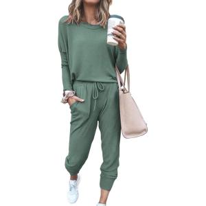 imagePRETTYGARDEN Women Fall 2 Piece Lounge Outfit Long Sleeve Tops High Waisted Jogger Pants Set Spring Travel Clothes TracksuitLight Green