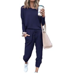 imagePRETTYGARDEN Women Fall 2 Piece Lounge Outfit Long Sleeve Tops High Waisted Jogger Pants Set Spring Travel Clothes TracksuitNavy