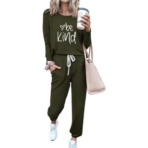 imagePRETTYGARDEN Women Fall 2 Piece Lounge Outfit Long Sleeve Tops High Waisted Jogger Pants Set Spring Travel Clothes TracksuitPatternedarmy Green
