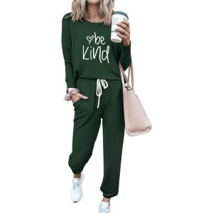 imagePRETTYGARDEN Women Fall 2 Piece Lounge Outfit Long Sleeve Tops High Waisted Jogger Pants Set Spring Travel Clothes TracksuitPatterneddark Green