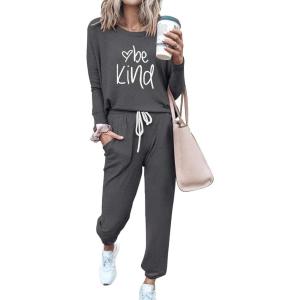 imagePRETTYGARDEN Women Fall 2 Piece Lounge Outfit Long Sleeve Tops High Waisted Jogger Pants Set Spring Travel Clothes TracksuitPatterneddark Grey
