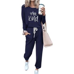 imagePRETTYGARDEN Women Fall 2 Piece Lounge Outfit Long Sleeve Tops High Waisted Jogger Pants Set Spring Travel Clothes TracksuitPatternednavy