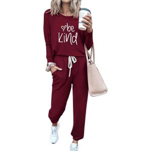 imagePRETTYGARDEN Women Fall 2 Piece Lounge Outfit Long Sleeve Tops High Waisted Jogger Pants Set Spring Travel Clothes TracksuitPatternedwine Red