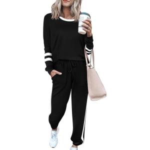 imagePRETTYGARDEN Women Fall 2 Piece Lounge Outfit Long Sleeve Tops High Waisted Jogger Pants Set Spring Travel Clothes TracksuitStriped Black