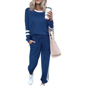 imagePRETTYGARDEN Women Fall 2 Piece Lounge Outfit Long Sleeve Tops High Waisted Jogger Pants Set Spring Travel Clothes TracksuitStriped Dark Blue