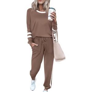 imagePRETTYGARDEN Women Fall 2 Piece Lounge Outfit Long Sleeve Tops High Waisted Jogger Pants Set Spring Travel Clothes TracksuitStriped Dark Khaki