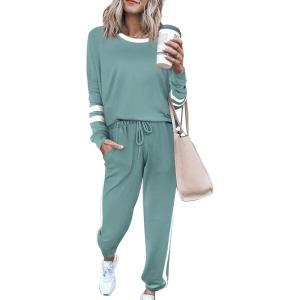 imagePRETTYGARDEN Women Fall 2 Piece Lounge Outfit Long Sleeve Tops High Waisted Jogger Pants Set Spring Travel Clothes TracksuitStriped Fruit Green
