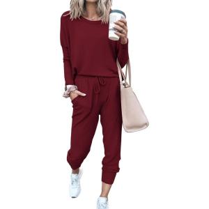 imagePRETTYGARDEN Women Fall 2 Piece Lounge Outfit Long Sleeve Tops High Waisted Jogger Pants Set Spring Travel Clothes TracksuitWine Red