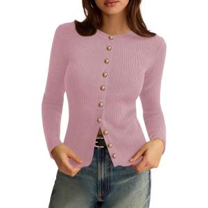 imagePRETTYGARDEN Womens 2025 Fall Cardigan Sweaters Lightweight Long Sleeve Button up Ribbed Knit Tops Winter Fashion ClothesPink