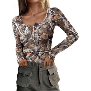 imagePRETTYGARDEN Womens 2025 Fall Long Sleeve Henley T Shirts Button Ribbed Knit Slim Fit Basic Tops Blouse Casual OutfitsFloral Khaki