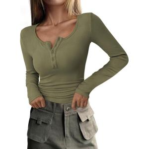 imagePRETTYGARDEN Womens 2025 Fall Long Sleeve Henley T Shirts Button Ribbed Knit Slim Fit Basic Tops Blouse Casual OutfitsGrey Green