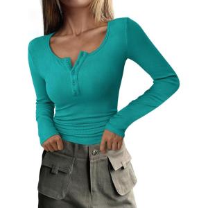 imagePRETTYGARDEN Womens 2025 Fall Long Sleeve Henley T Shirts Button Ribbed Knit Slim Fit Basic Tops Blouse Casual OutfitsMalachite Green