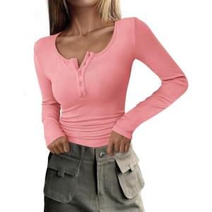 imagePRETTYGARDEN Womens 2025 Fall Long Sleeve Henley T Shirts Button Ribbed Knit Slim Fit Basic Tops Blouse Casual OutfitsPink