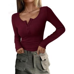 imagePRETTYGARDEN Womens 2025 Fall Long Sleeve Henley T Shirts Button Ribbed Knit Slim Fit Basic Tops Blouse Casual OutfitsWine Red