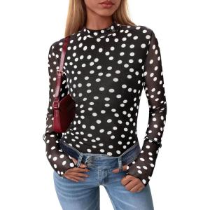 imagePRETTYGARDEN Womens 2025 Fall Mesh Floral Blouses Long Sleeve Going Out Tops Slim Fitted Shirts Date Night Outfits01 Dot Black White