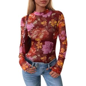 imagePRETTYGARDEN Womens 2025 Fall Mesh Floral Blouses Long Sleeve Going Out Tops Slim Fitted Shirts Date Night OutfitsFloral Brown Orange