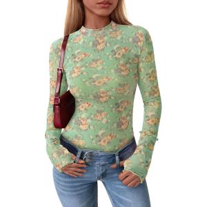 imagePRETTYGARDEN Womens 2025 Fall Mesh Floral Blouses Long Sleeve Going Out Tops Slim Fitted Shirts Date Night OutfitsFloral Green