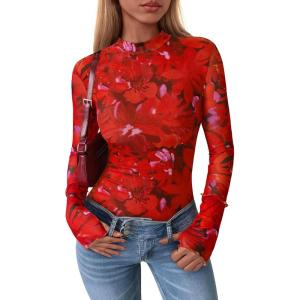 imagePRETTYGARDEN Womens 2025 Fall Mesh Floral Blouses Long Sleeve Going Out Tops Slim Fitted Shirts Date Night OutfitsFloral Orange Red