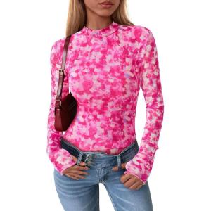imagePRETTYGARDEN Womens 2025 Fall Mesh Floral Blouses Long Sleeve Going Out Tops Slim Fitted Shirts Date Night OutfitsFloral White Rose Pink