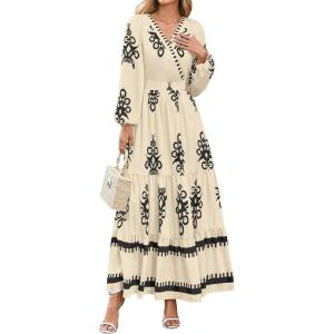 imagePRETTYGARDEN Womens 2025 Fall Wedding Guest Dresses Boho Floral Long Sleeve V Neck Flowy Elegant Maxi Dress Beach ClothesFloral Apricot Black