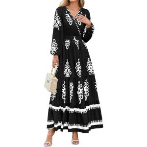 imagePRETTYGARDEN Womens 2025 Fall Wedding Guest Dresses Boho Floral Long Sleeve V Neck Flowy Elegant Maxi Dress Beach ClothesFloral Black White