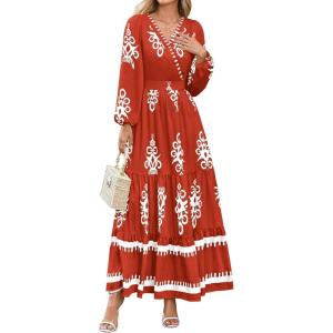 imagePRETTYGARDEN Womens 2025 Fall Wedding Guest Dresses Boho Floral Long Sleeve V Neck Flowy Elegant Maxi Dress Beach ClothesFloral Brick Red White