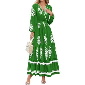 imagePRETTYGARDEN Womens 2025 Fall Wedding Guest Dresses Boho Floral Long Sleeve V Neck Flowy Elegant Maxi Dress Beach ClothesFloral Green White