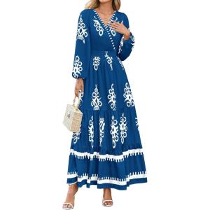 imagePRETTYGARDEN Womens 2025 Fall Wedding Guest Dresses Boho Floral Long Sleeve V Neck Flowy Elegant Maxi Dress Beach ClothesFloral Lake Blue White