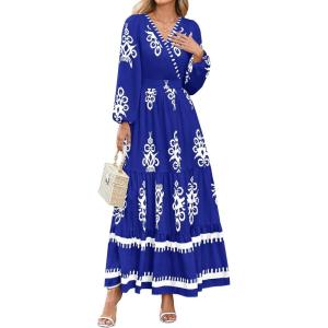 imagePRETTYGARDEN Womens 2025 Fall Wedding Guest Dresses Boho Floral Long Sleeve V Neck Flowy Elegant Maxi Dress Beach ClothesFloral Royal Blue White