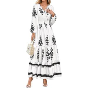 imagePRETTYGARDEN Womens 2025 Fall Wedding Guest Dresses Boho Floral Long Sleeve V Neck Flowy Elegant Maxi Dress Beach ClothesFloral White Black